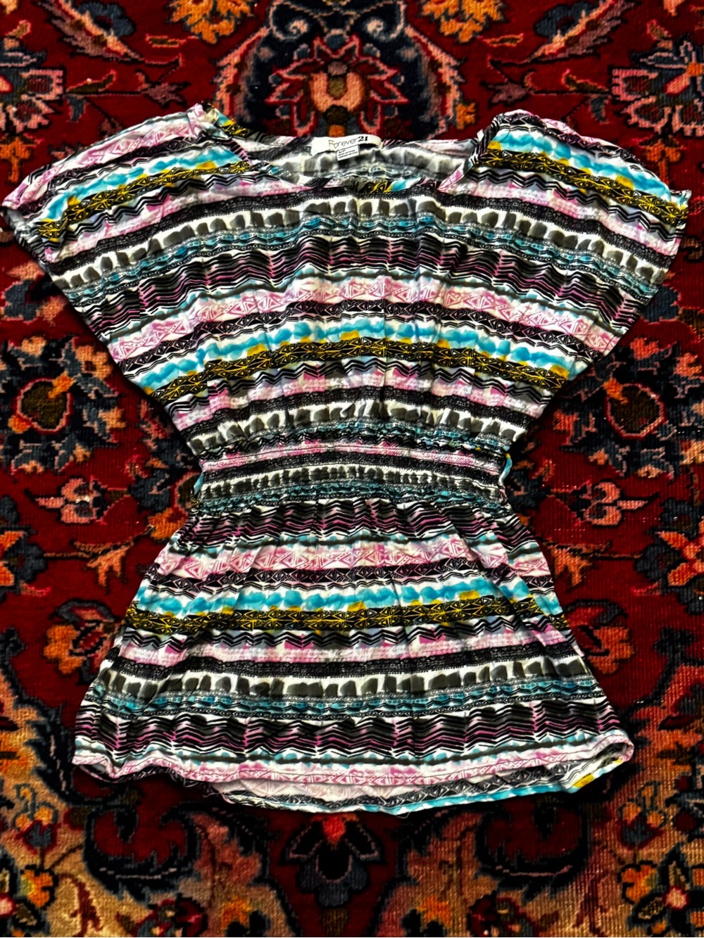 Forever 21 Multicolor Striped Boho Top - Pink, Turquoise, Black